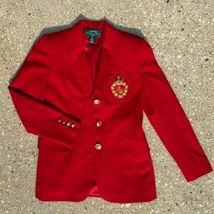 Vintage 90s Lauren Red Blazer with Embroidery Crest and gold Crest Buttons